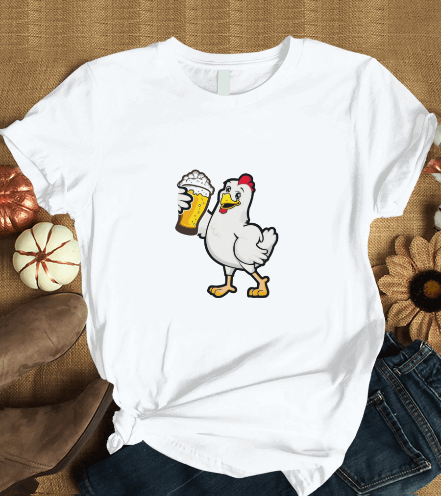 Chicken Mother Beer Lover Holding Large Beer Glass Happy Expression T-Shirt
