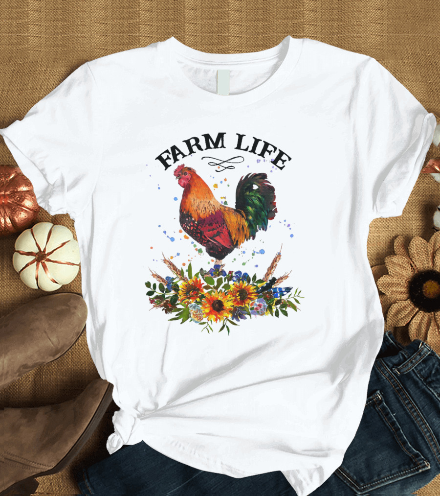 Farm Life Chicken Rooter with Colorful Rooster and Floral Arrangement T-Shirt