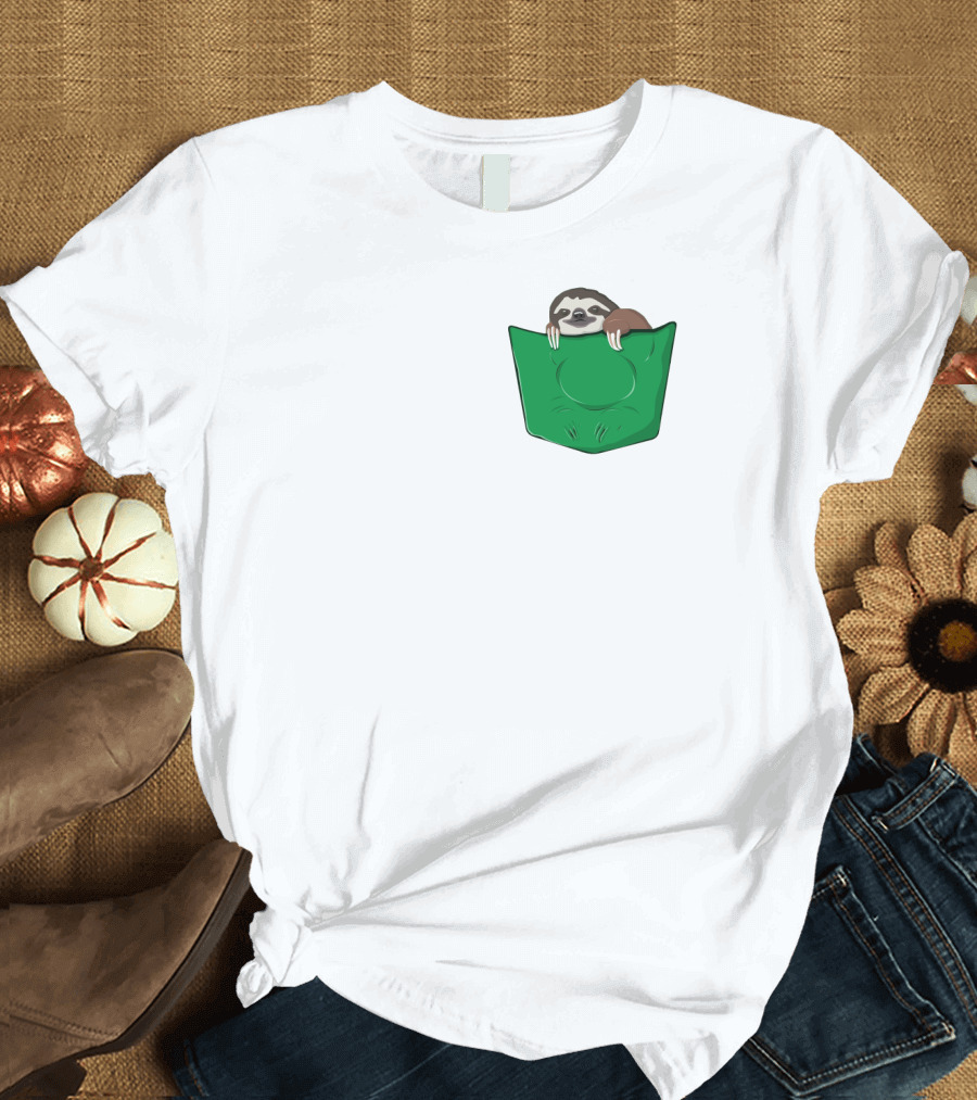 Cute Sloths Pocket with Adorable Sloth Peeking from Green Pocket T-Shirt