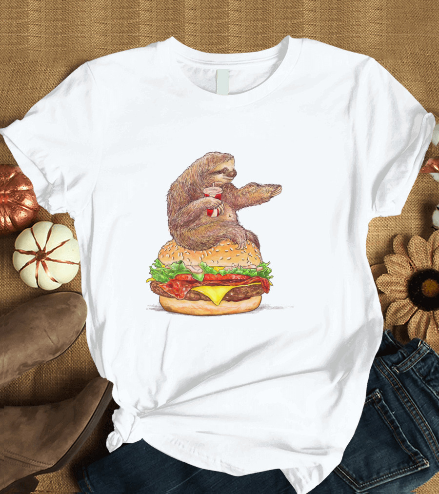 Sloths Going Nowhere Sloth Contentedly Enjoying Drink on Giant Hamburger T-Shirt