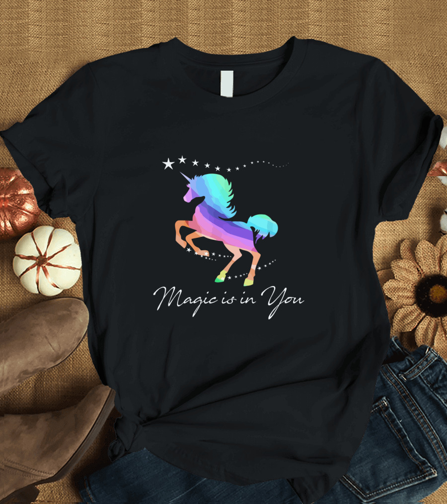 Magic is in You Rainbow Star Unicorn Galloping with Celestial Stars T-Shirt