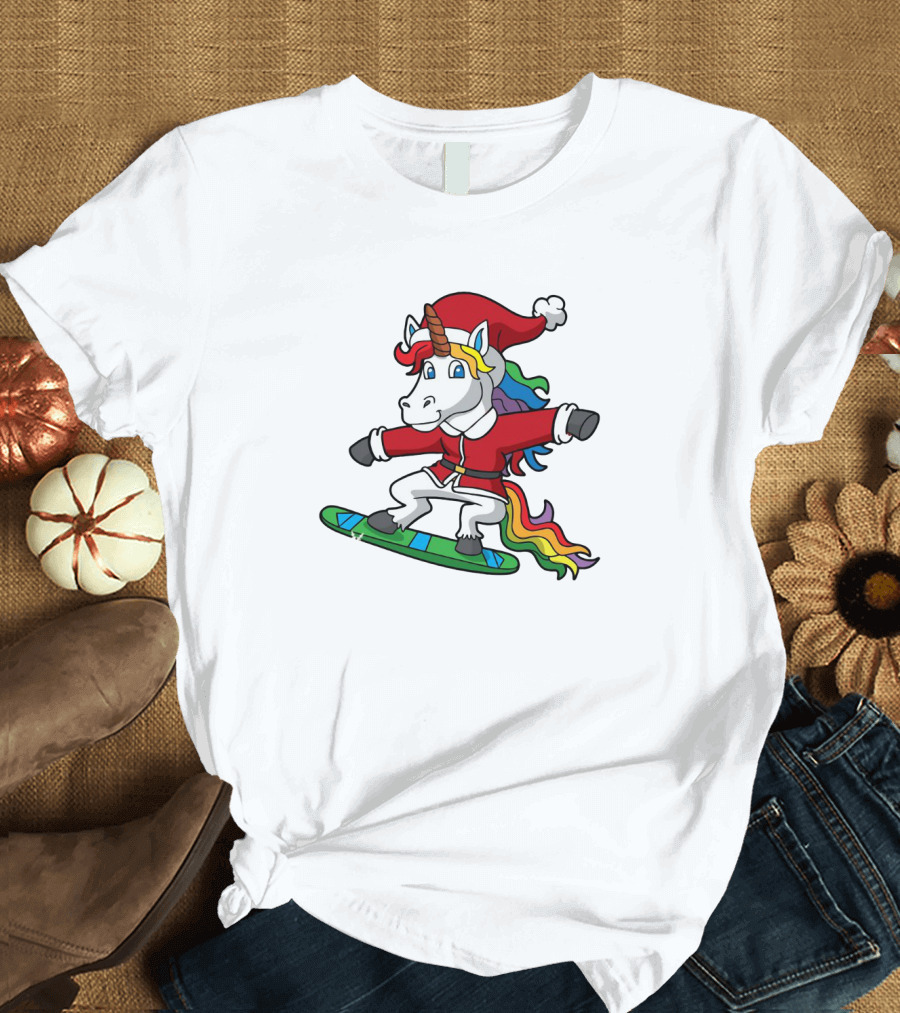 Unicorn Santa Snowboarding with Christmas Cheer T-Shirt