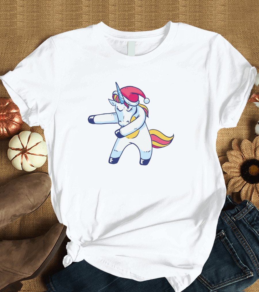 Christmas Unicorn Santa Hat Dab Rainbow Mane T-Shirt