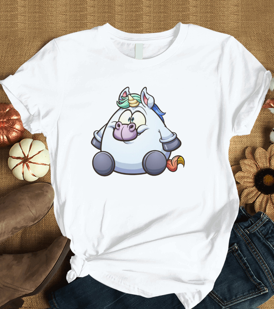 Chubby Cartoon Unicorn with Rainbow Mane and Tail T-Shirt