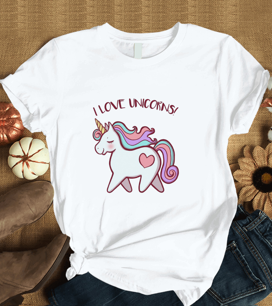 Magical Colorful Unicorn with Heart and I Love Unicorns Text T-Shirt