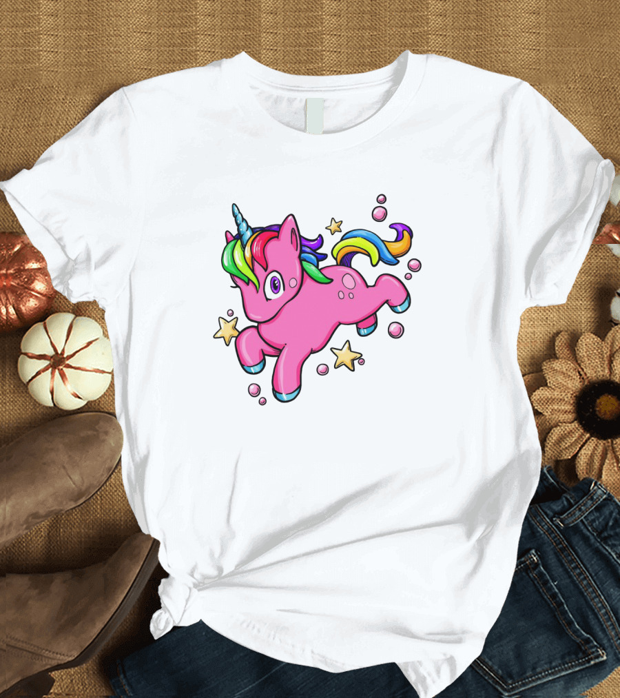 Playful Pink Unicorn with Rainbow Mane and Colorful Stars T-Shirt