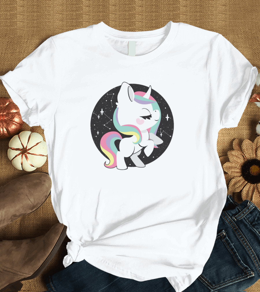Playful Pastel Unicorn with Cosmic Starry Background T-Shirt