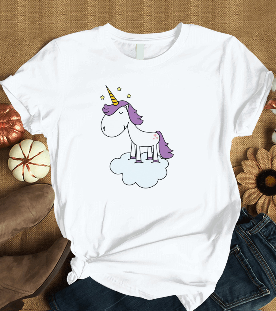 Unicorn with Purple Mane Standing on Fluffy Cloud and Stars T-Shirt