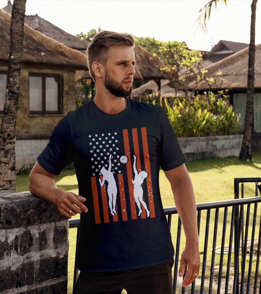 Volleyball Silhouettes Against American Flag Patriotic Sports Scene T-Shirt