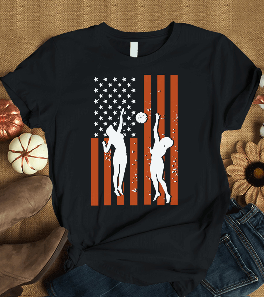 Volleyball Silhouettes Against American Flag Patriotic Sports Scene T-Shirt