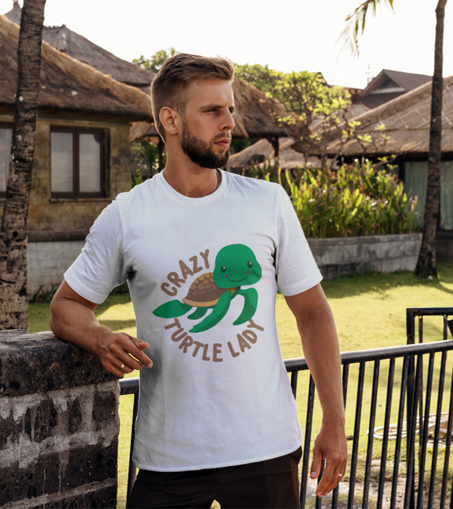 Crazy Turtle Lady Cute Green Cartoon Style Turtle With Happy Face T-Shirt