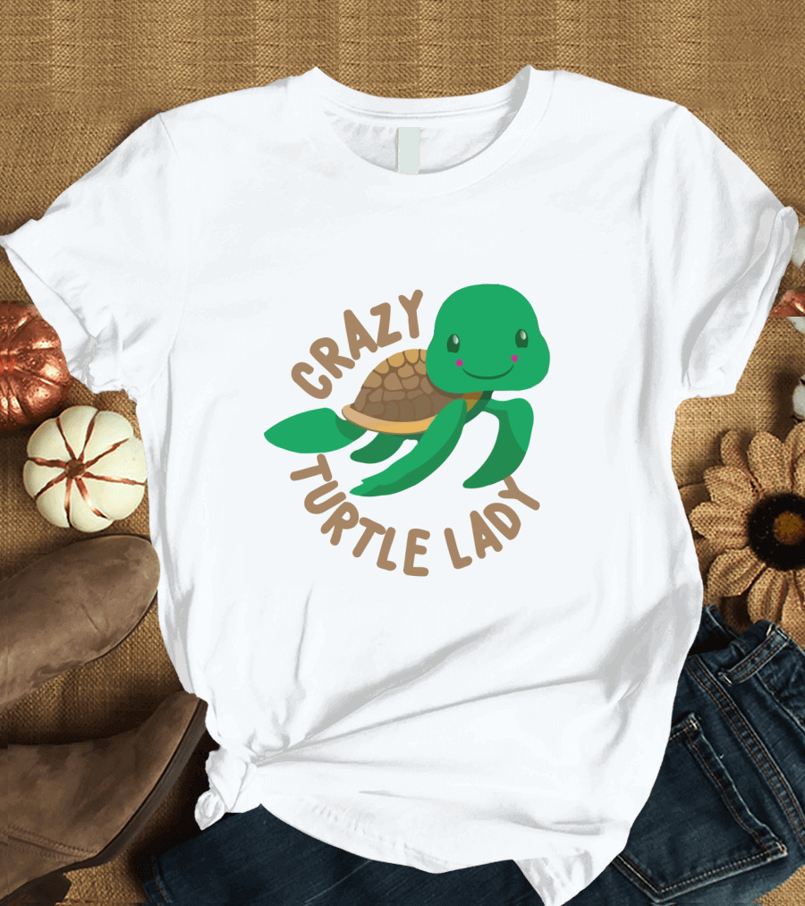Crazy Turtle Lady Cute Green Cartoon Style Turtle with Happy Face T-Shirt