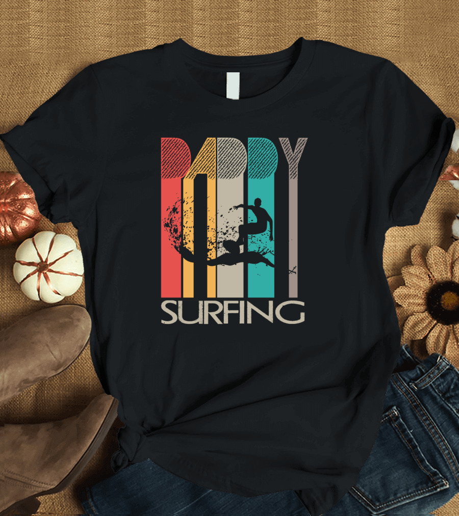 Vintage Daddy Surfing Silhouette with Retro Color Stripes T-Shirt