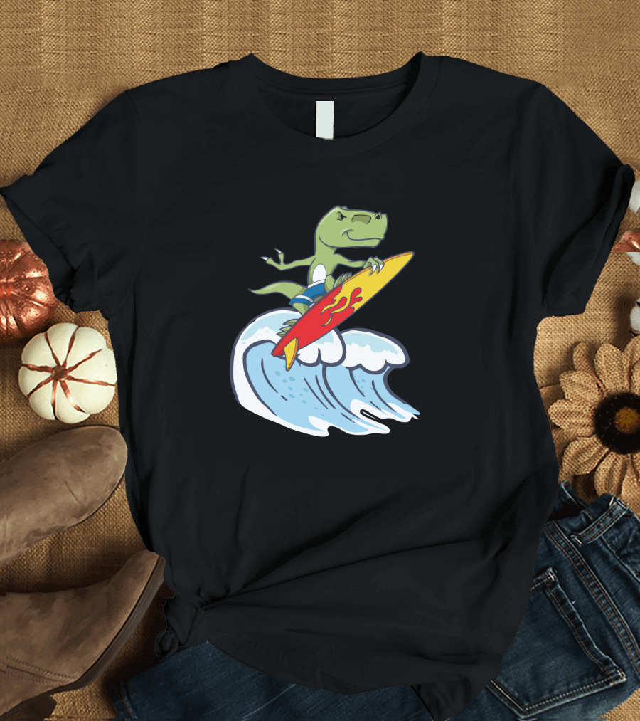 Dinosaur Riding Waves on Fiery Surfboard Ocean Adventure T-Shirt