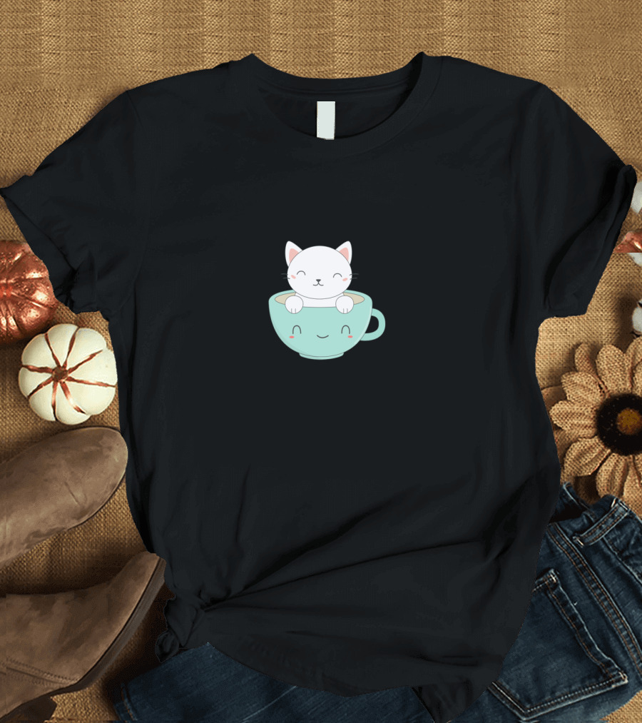 Adorable Cat in Smiling Coffee Cup T-Shirt