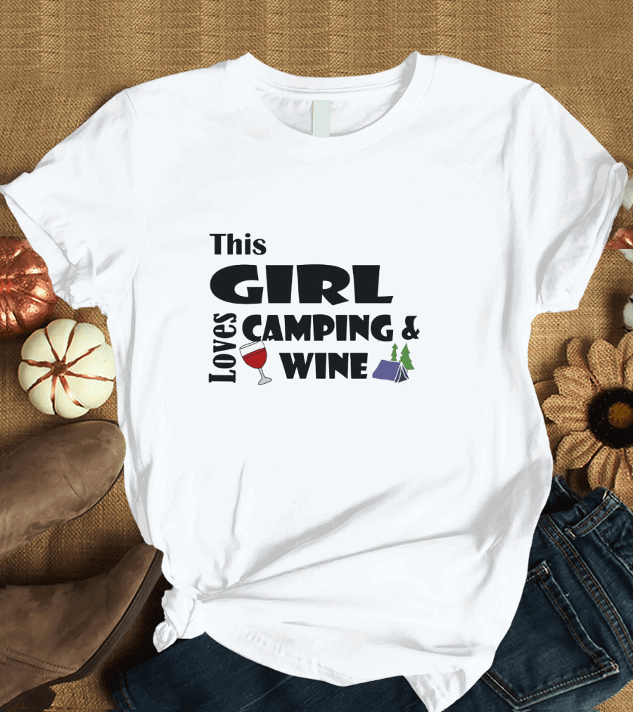 This Girl Loves Camping and Wine with Tent and Wine Glass Icons T-Shirt