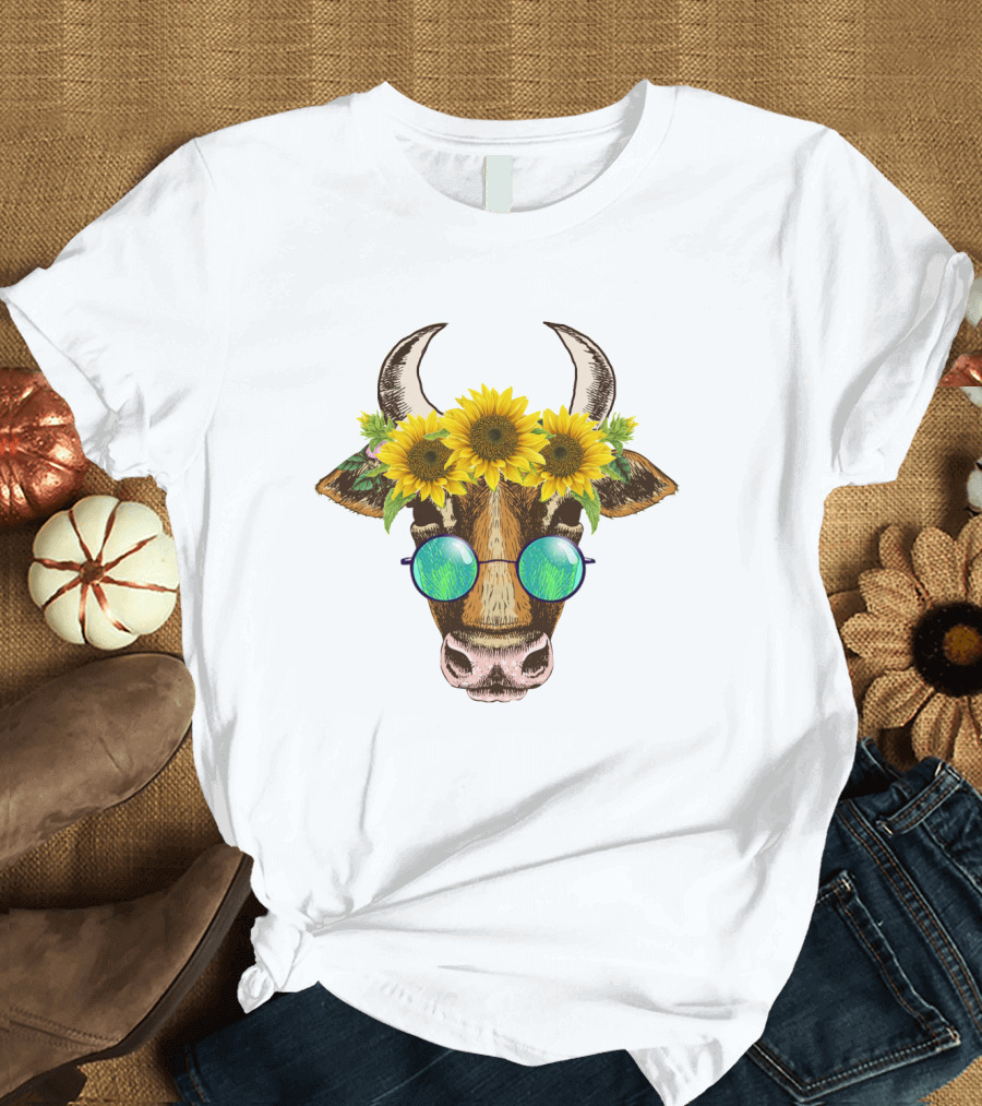 Cute Cow with Sunflower and Sunglasses Headpiece T-Shirt