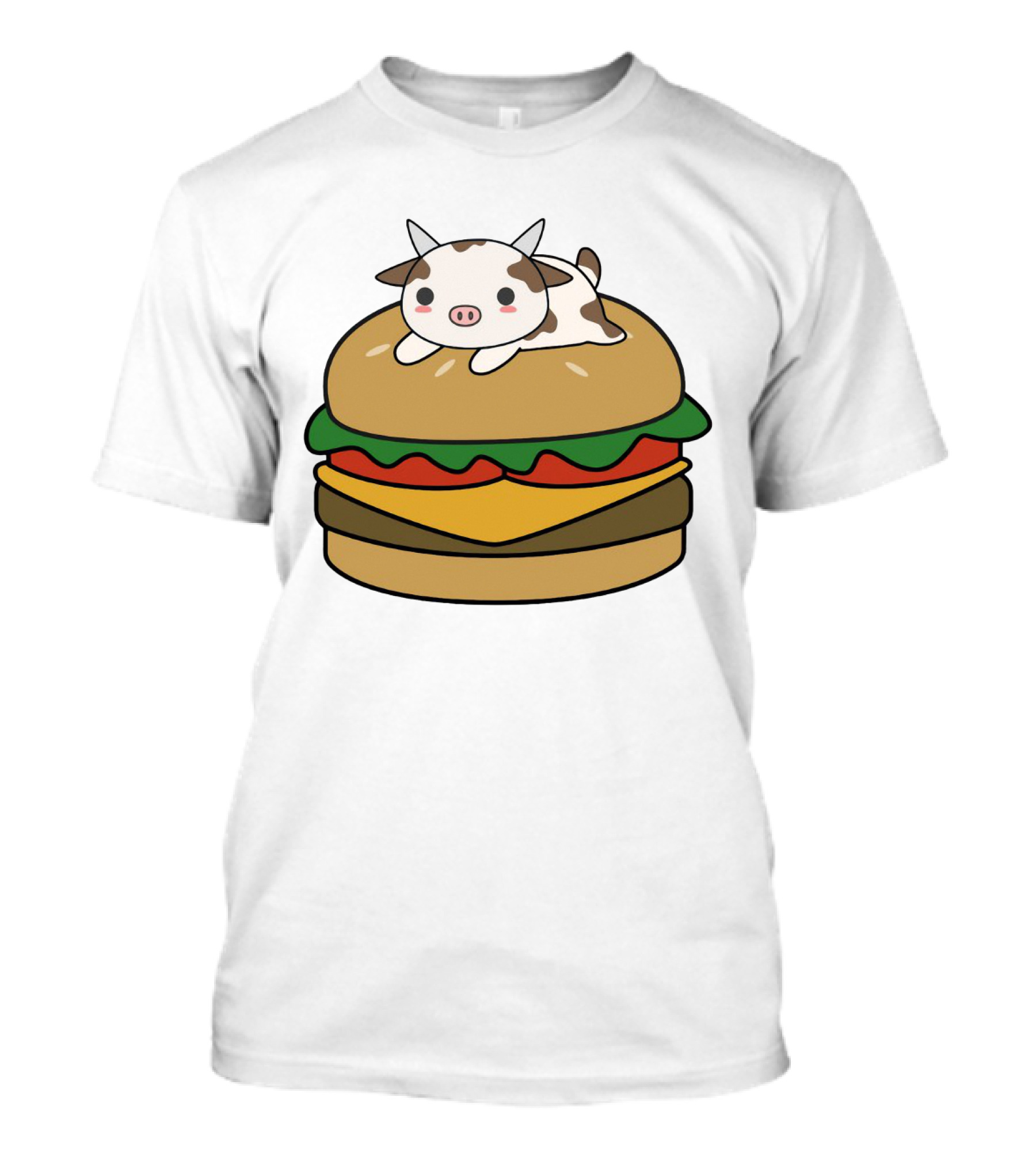 Funny Burger Cow Kawaii Cartoon Cheeseburger With Cute Animal Topping T-Shirt