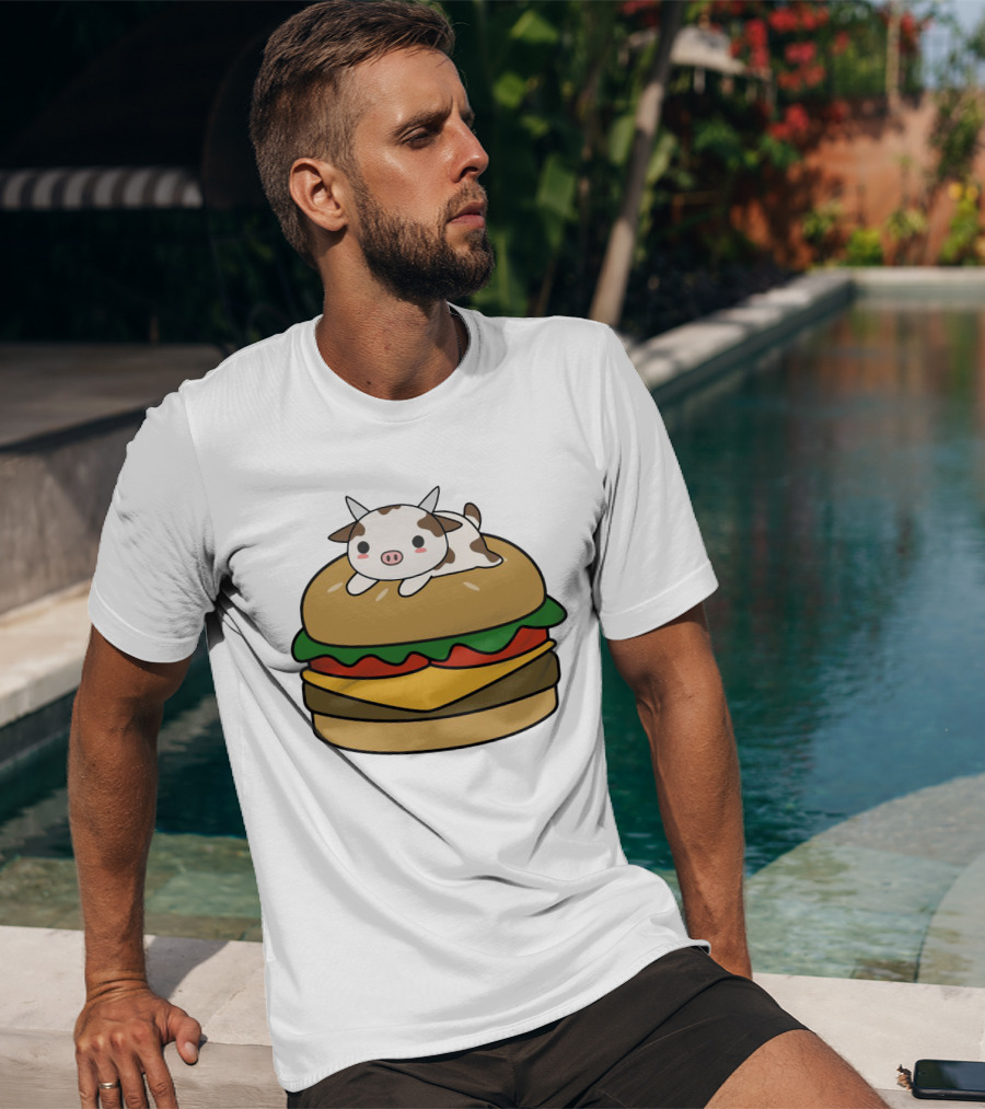 Funny Burger Cow Kawaii Cartoon Cheeseburger With Cute Animal Topping T-Shirt