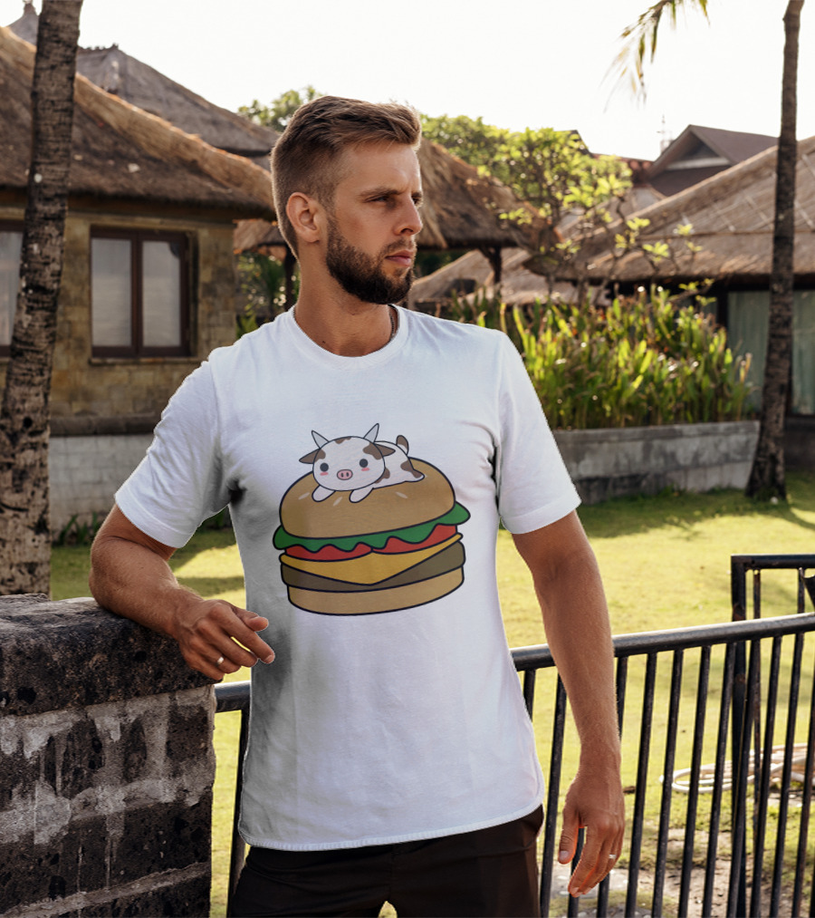 Funny Burger Cow Kawaii Cartoon Cheeseburger With Cute Animal Topping T-Shirt