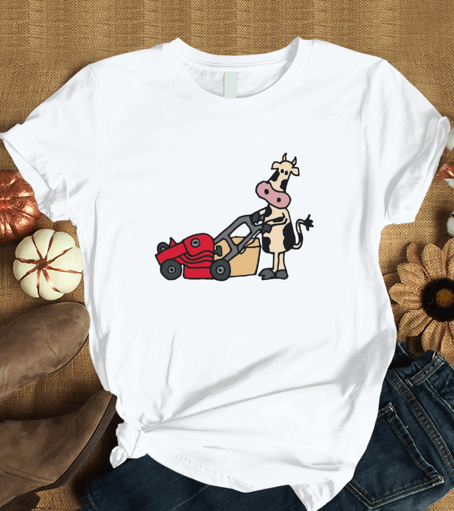 Funny Cow Mowing Grass Cartoon with Red Lawn Mower T-Shirt