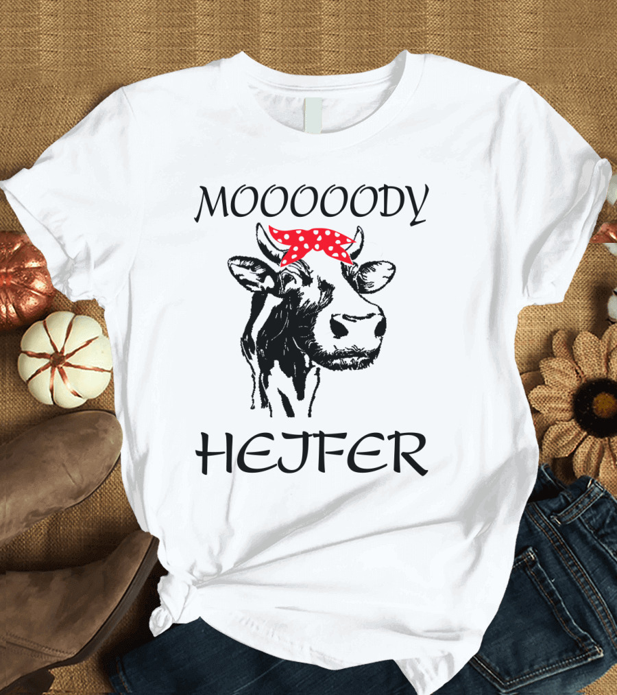 Mooooody Heifer Cow with Red Polka Dot Bandana T-Shirt