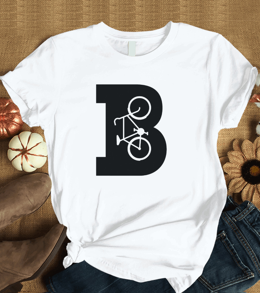 B Letter with Bicycle Motif Design in Bold Black T-Shirt