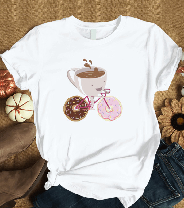 T-Shirt: Happy Coffee Cup Riding Donut Bicycle Fun T-Shirt Happy Coffee Cup Riding Donut Bicycle Fun T-Shirt