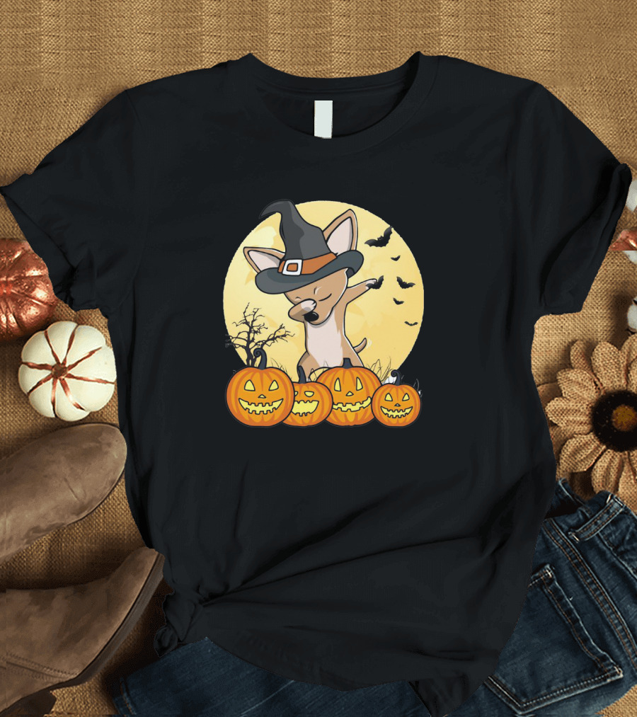 Chihuahua Dabbing in Witch Hat with Pumpkins Halloween Moon Background T-Shirt