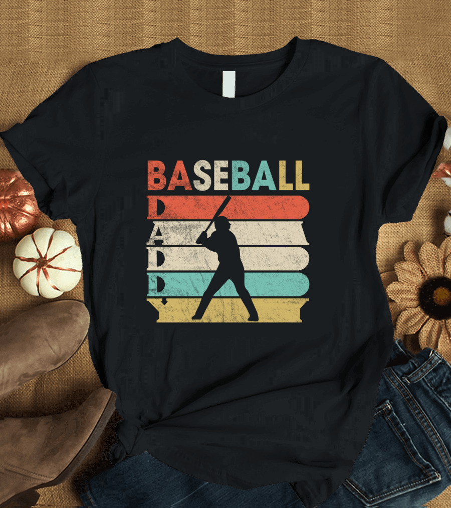 Retro Baseball Daddy Vintage Stripes Silhouette Batter T-Shirt