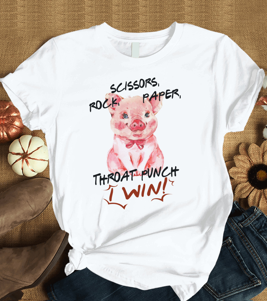 Scissors Rock Paper Throat Punch I Win Cute Pig Watercolor T-Shirt