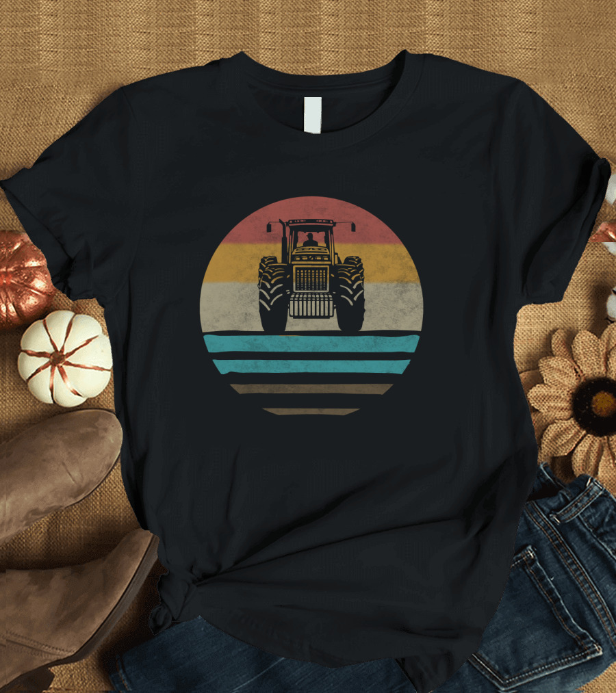 Retro Tractor Farming with Vintage Stripe T-Shirt