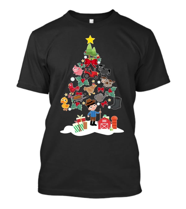 Farmer Christmas Tree With Farm Animals And Tractor T-Shirt