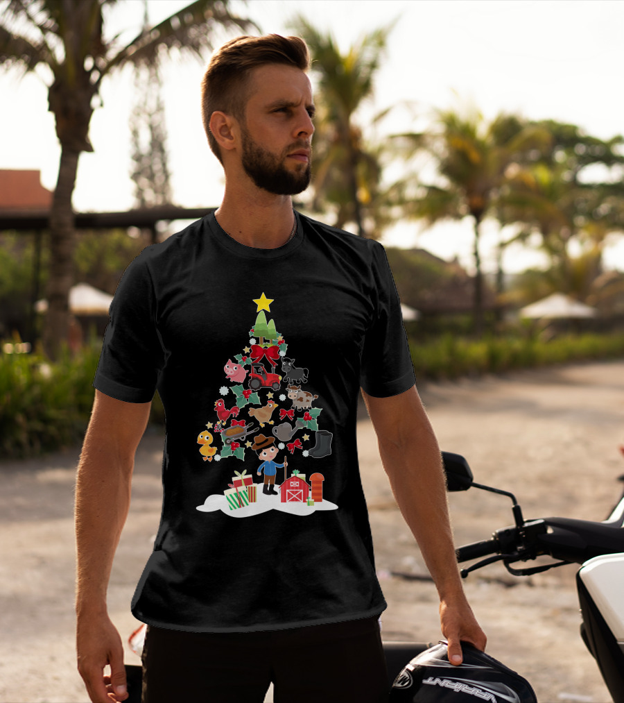 Farmer Christmas Tree With Farm Animals And Tractor T-Shirt