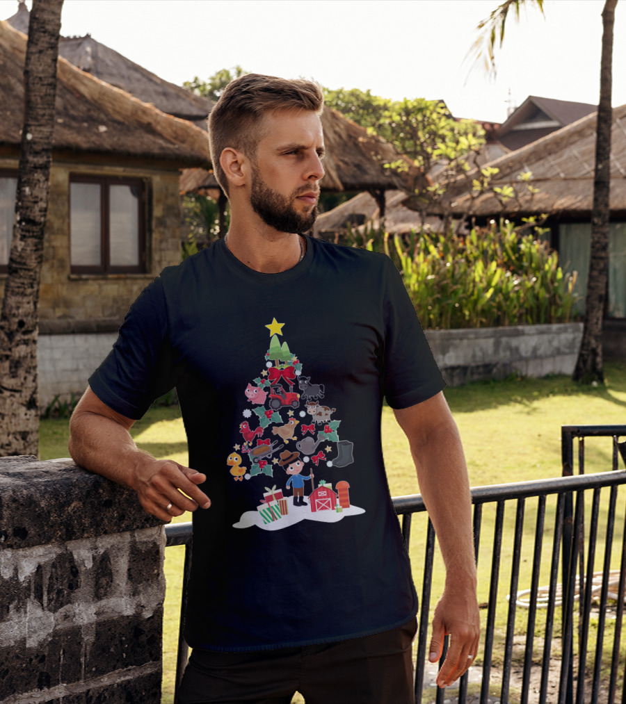 Farmer Christmas Tree With Farm Animals And Tractor T-Shirt