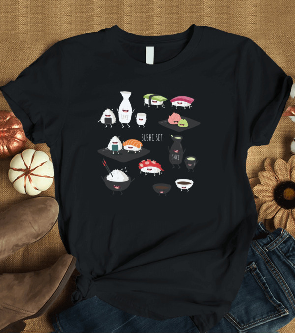 T-Shirt: Sushi Set with Happy Sake Characters and Cute Cartoon Sushi Rolls T-Shirt Sushi Set with Happy Sake Characters and Cute Cartoon Sushi Rolls T-Shirt
