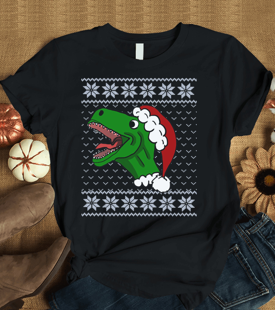 T Rex Christmas Ugly Sweater Santa Hat T-Shirt