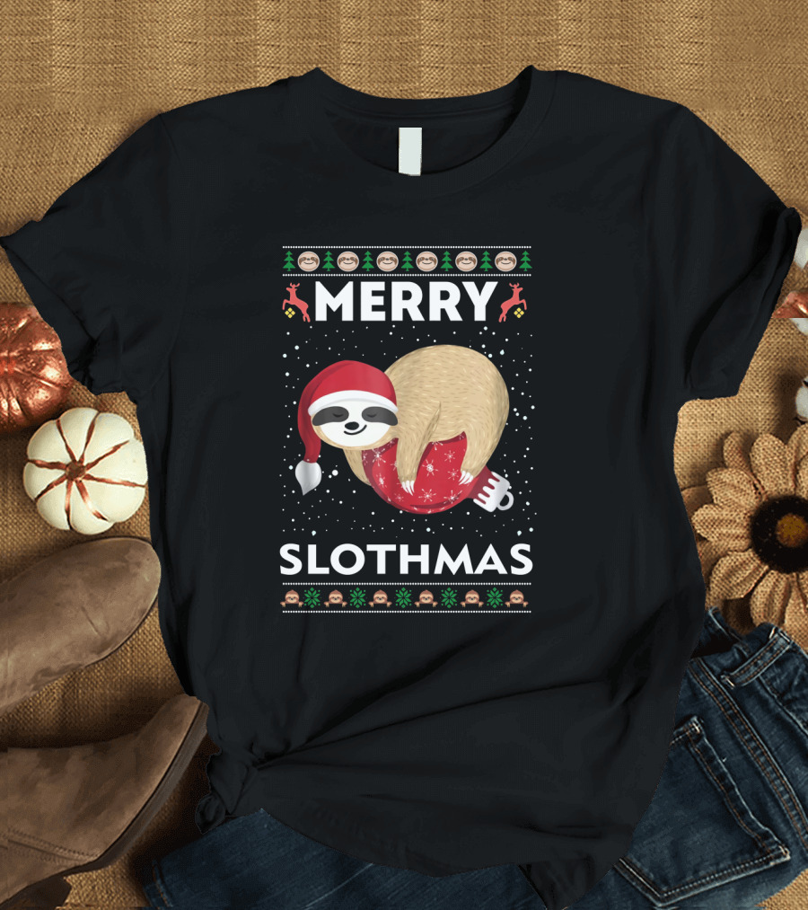 Merry Slothmas Ugly Christmas Sweater Sloth Holiday Festive Santa Hat T-Shirt