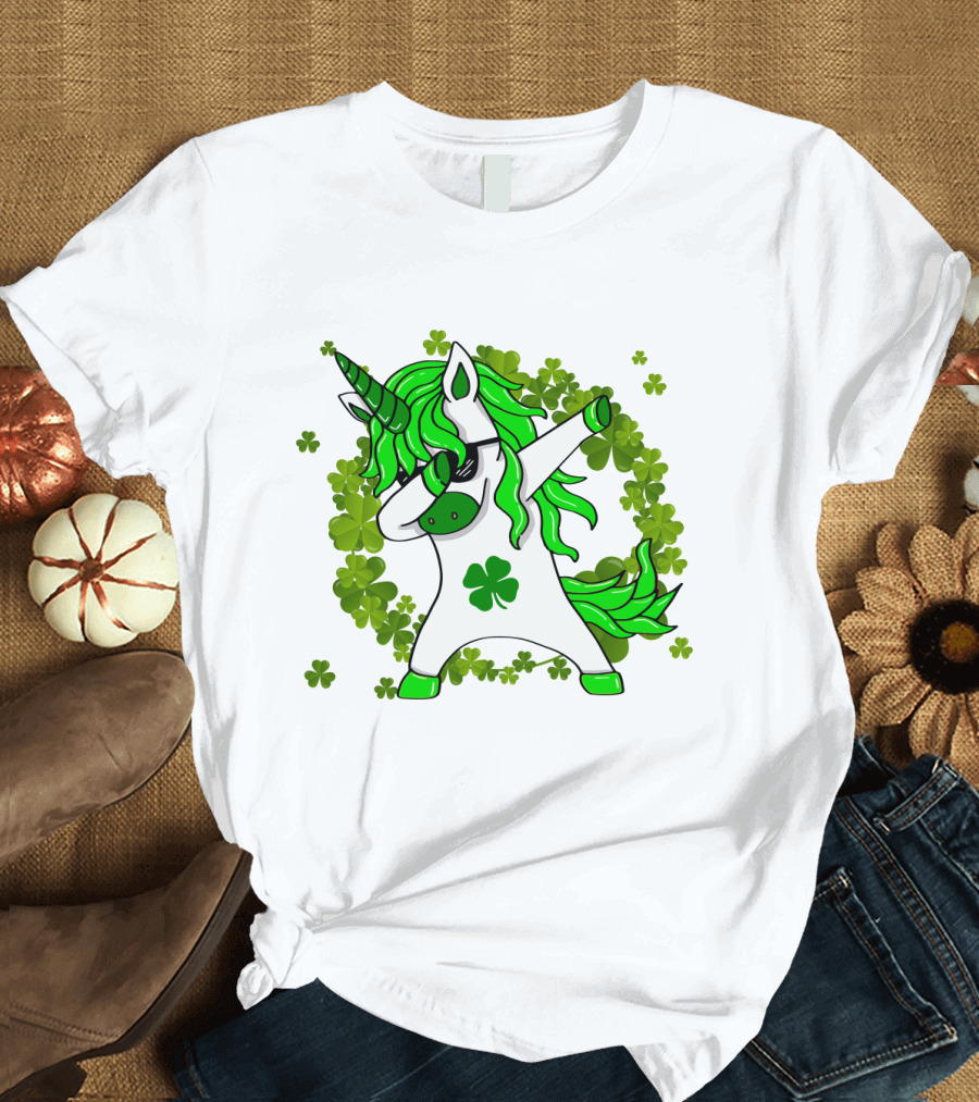 St. Patrick's Day Clover Unicorn Dabbing With Shamrock Mane Surrounded by Green Clovers T-Shirt