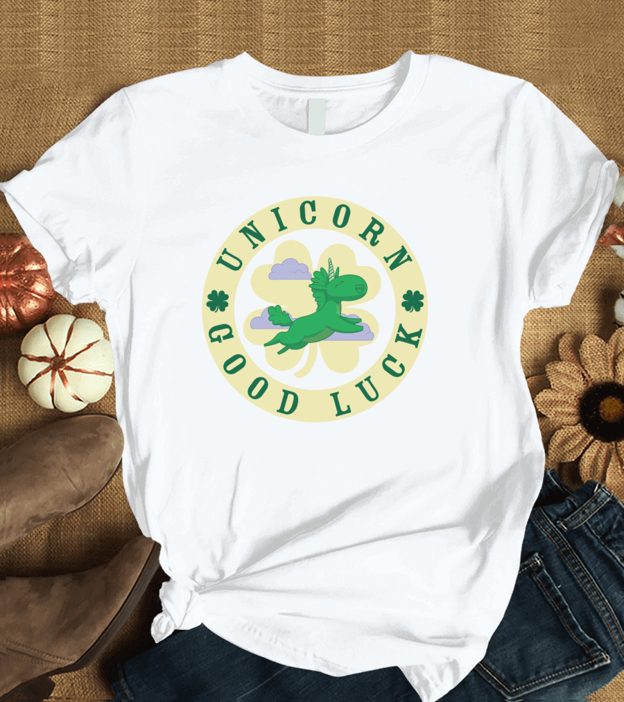 Unicorn Good Luck Clover Clouds Green Flying T-Shirt