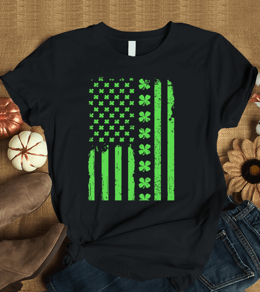 American Flag Green Clover Shamrock T-Shirt