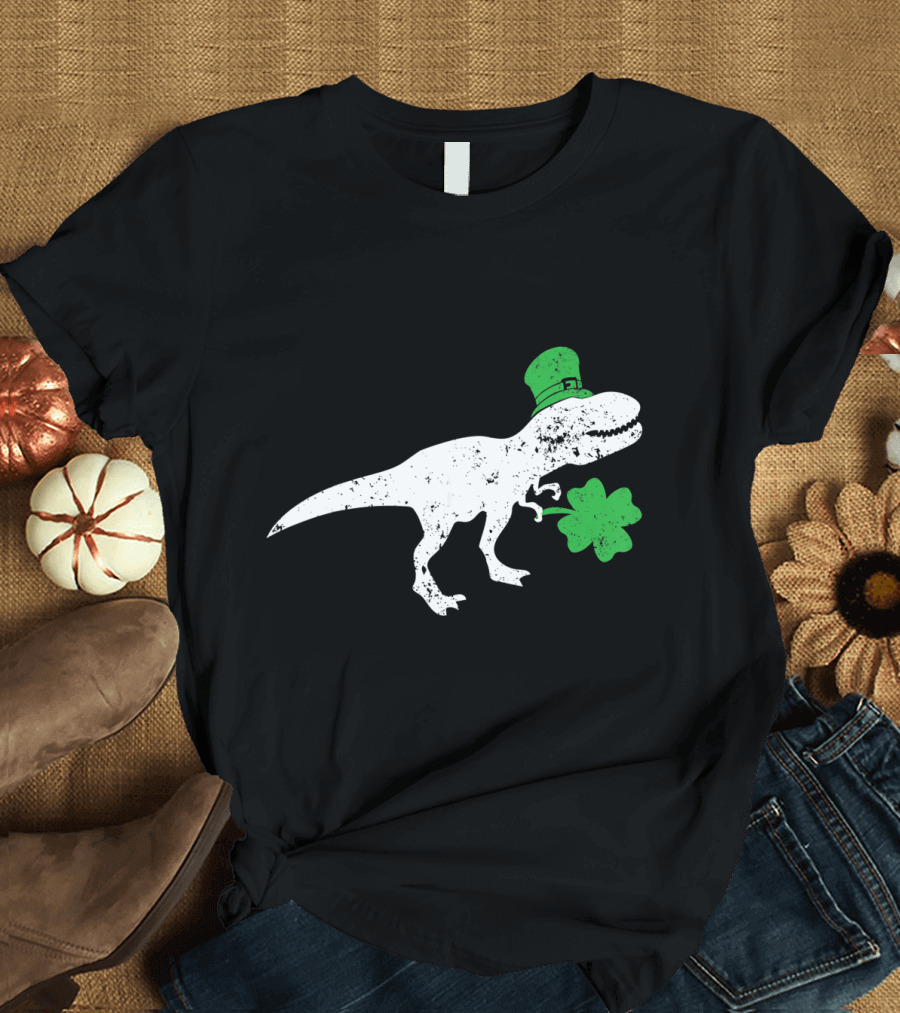 T-Rex Dinosaur with Leprechaun Hat and Shamrock for St Patricks Day T-Shirt