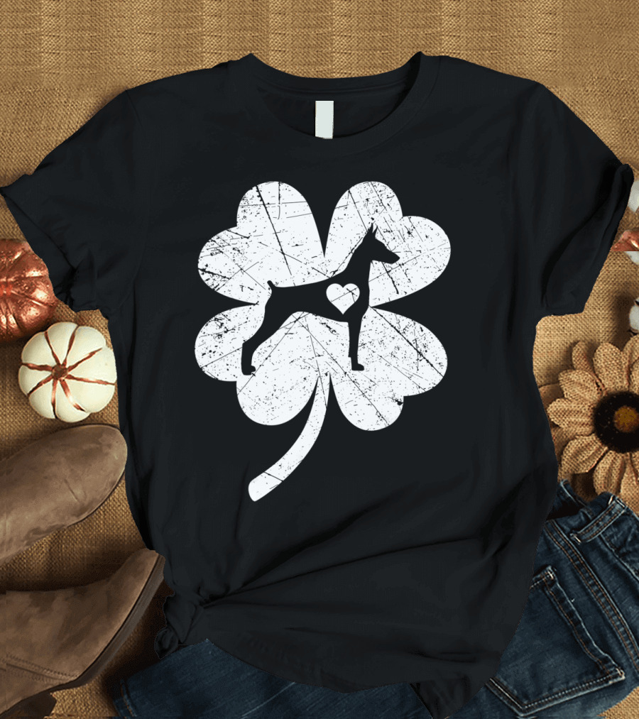 Doberman Silhouette Heart Shamrock Clover St Patricks Day Irish T-Shirt