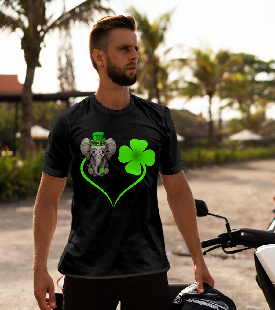 Elephant Wearing St. Patrick's Day Hat With Four-Leaf Clover And Heart-Shaped Shamrock Love T-Shirt