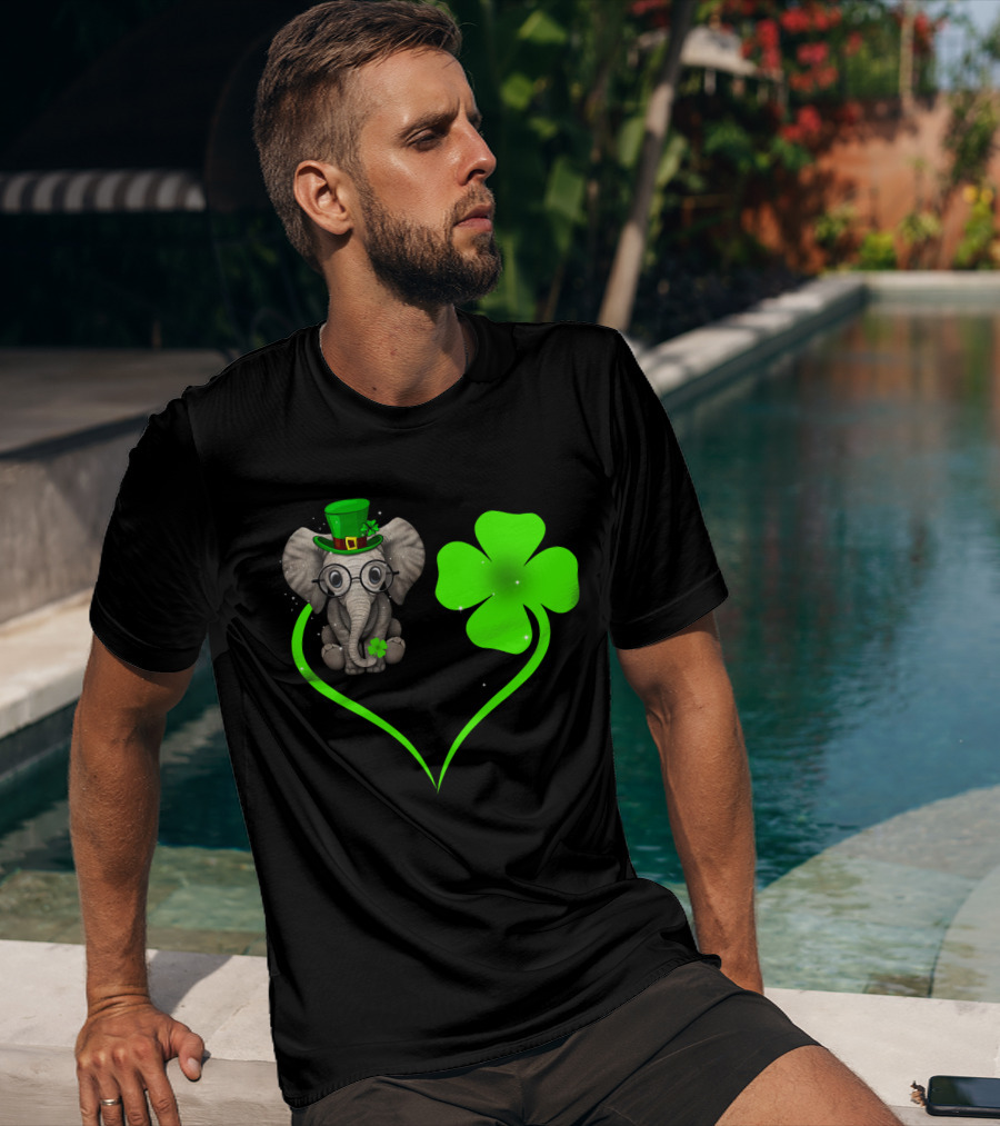 Elephant Wearing St. Patrick's Day Hat With Four-Leaf Clover And Heart-Shaped Shamrock Love T-Shirt