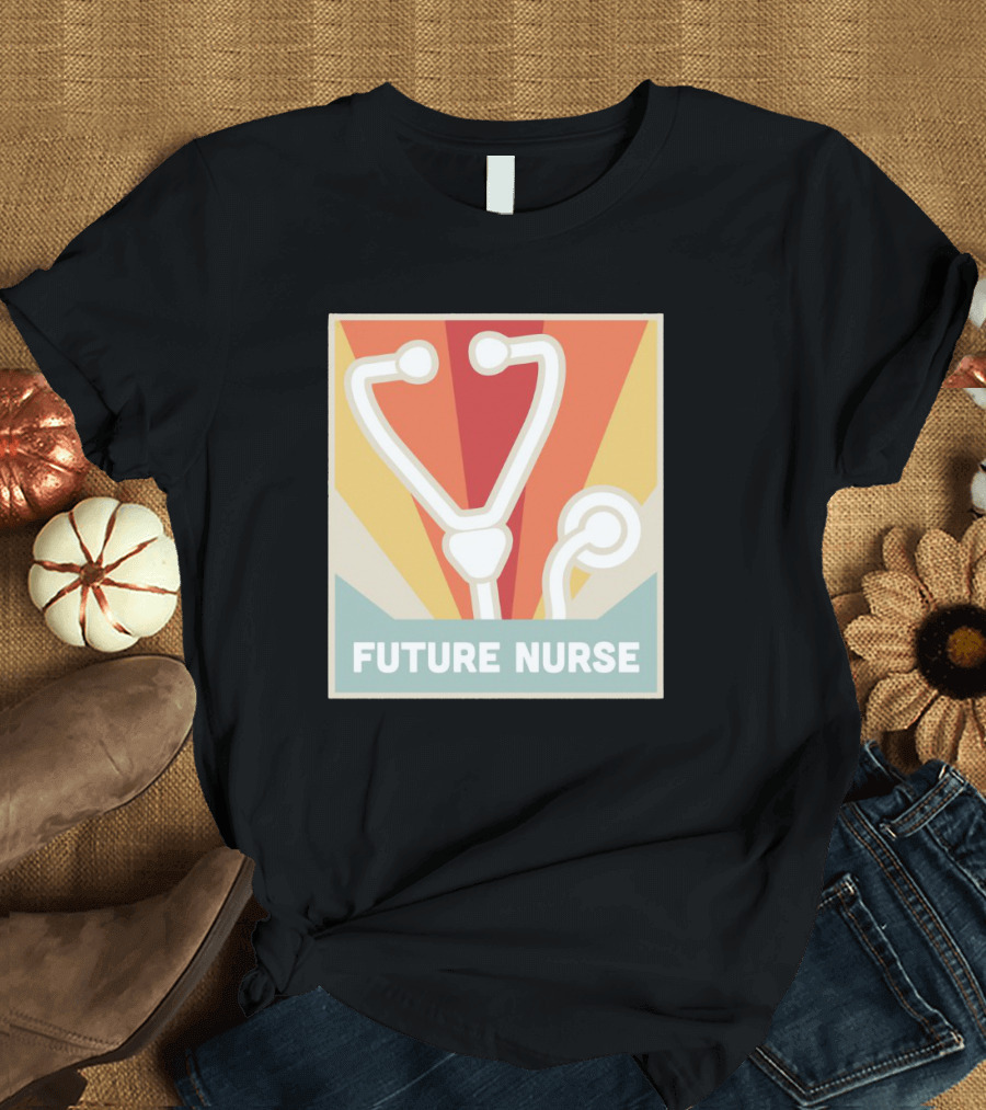 Retro Style Future Nurse Stethoscope Icon with Sunburst Background T-Shirt