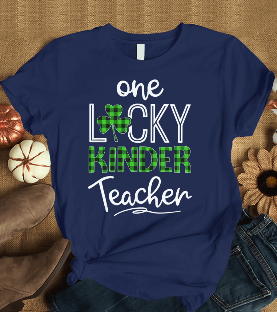 One Lucky Kinder Teacher Shamrock Plaid T-Shirt