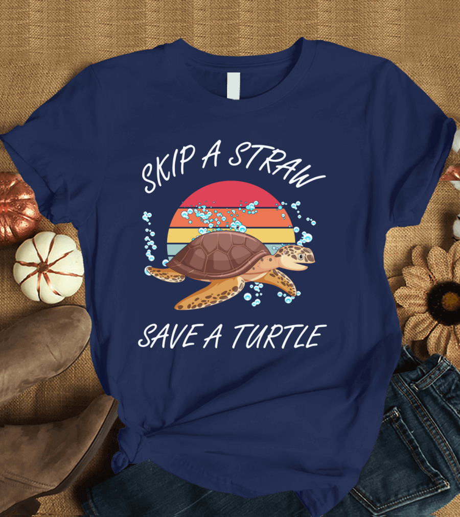 Skip a Straw Save a Turtle Retro Sunset Ocean T-Shirt