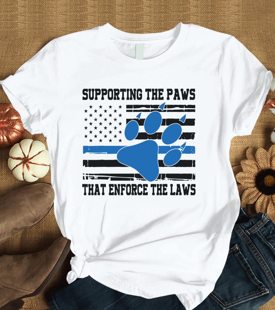 Supporting the Paws that Enforce the Laws American Flag Blue Paw Prints T-Shirt