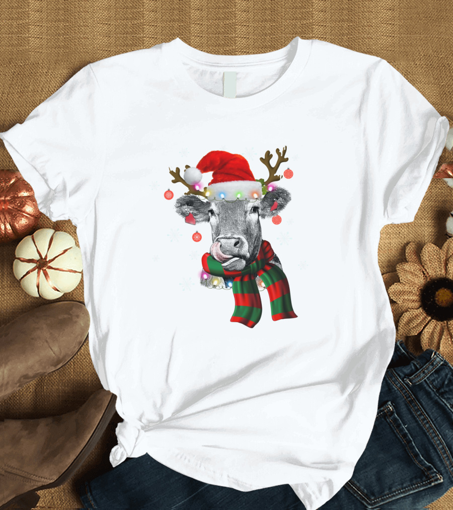 Cows Reindeer Santa Claus Christmas Lights Scarf Antlers Snowflakes Ornaments T-Shirt
